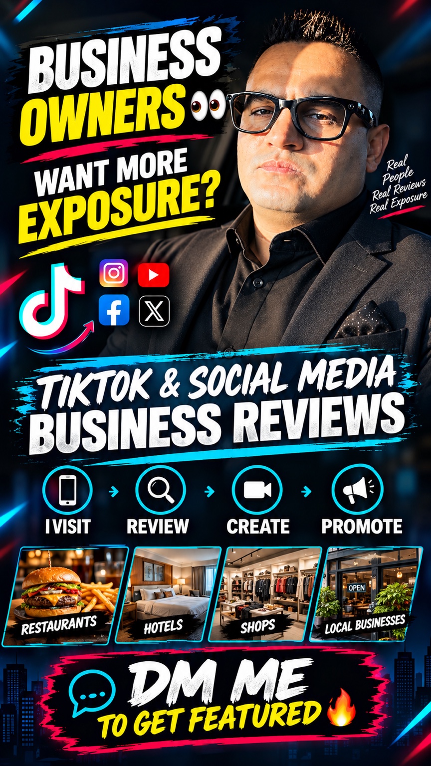 Ramin Rahimi’s business promotion poster: TikTok and social media business reviews for restaurants, hotels, shops, and local businesses. I visit, review, create, and promote. Direct message Ramin to get featured.