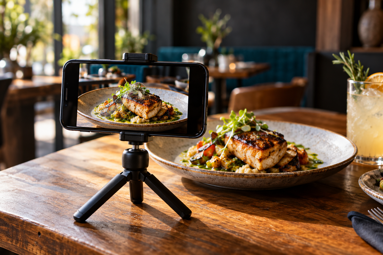 A smartphone filming a plated meal inside a restaurant